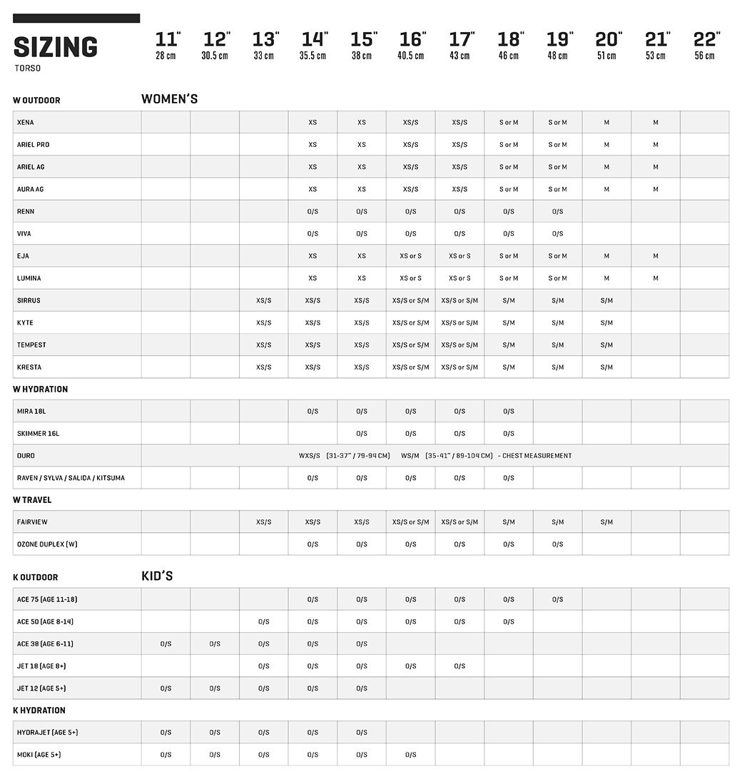 osprey size chart