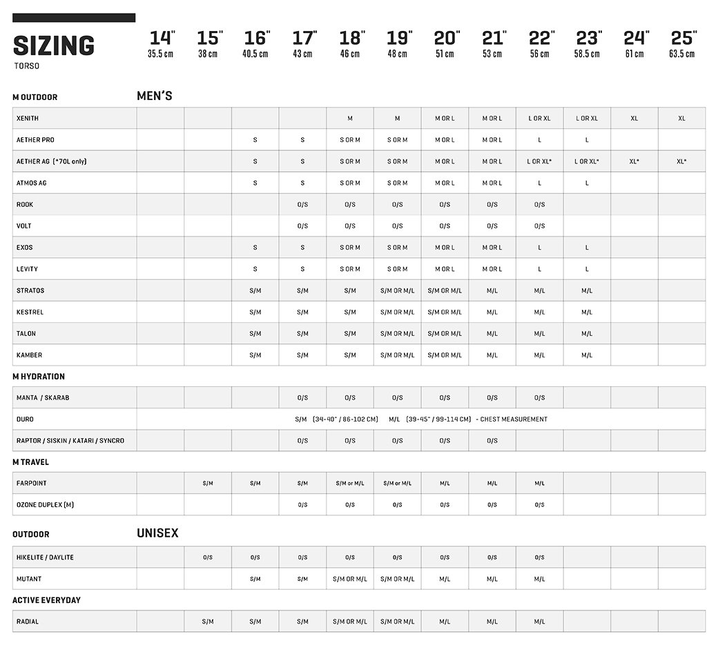 osprey size chart